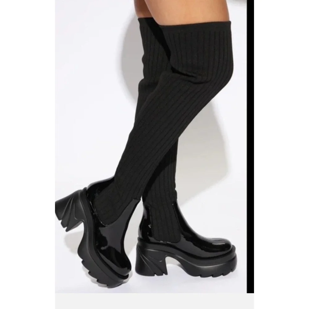 Fashion Figure Nadia‎ Lug Sole Thigh High Boots Women 9 Black Patent Rib